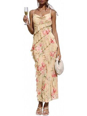 Women's Floral Yellow Spaghetti Strap Formal Bodycon Wedding Guest Maxi Dresses